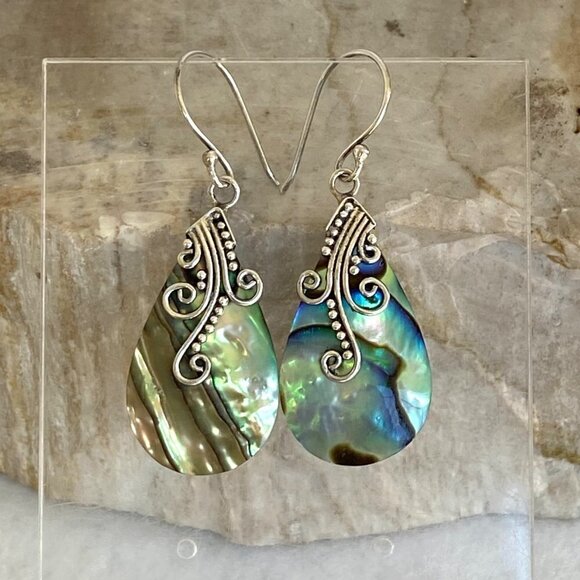 Sterling Silver 925 1.64" Abalone Shell Teardrop Scrollwork Dangle Earrings - Picture 1 of 16